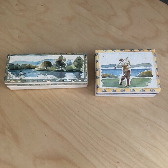 Vintage 1990 Catriona Stewart Golf Fishing Watercolor Painted Boxes - England - Picture 2 of 9
